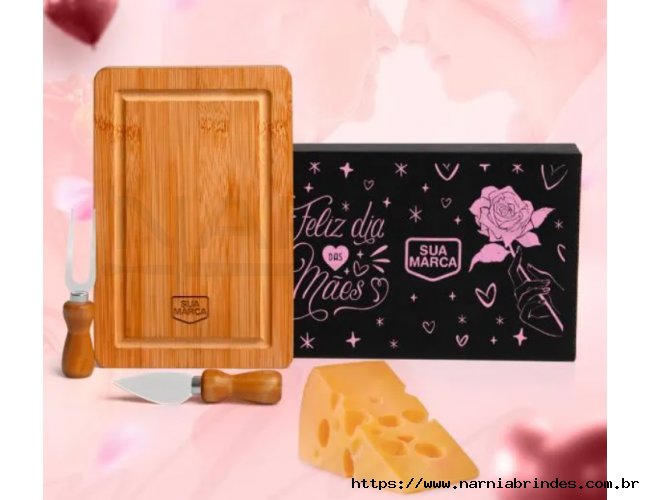 Kit M�es para Queijo - Bambu/Inox - 3 P�s + Caixa Presente